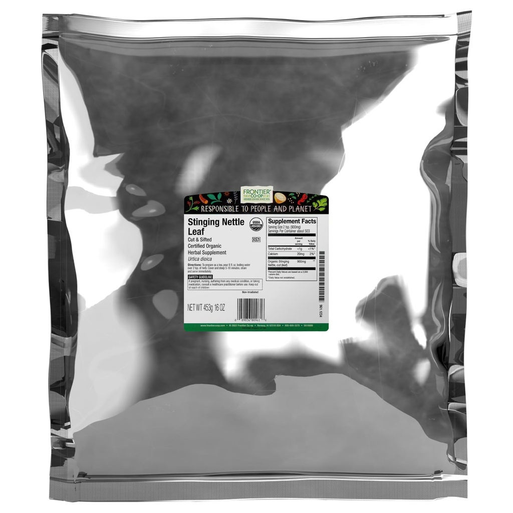 Frontier Co-op Organic Stinging Nettle Leaf, Cut and Sifted, For Making Nettle Tea, Kosher | 16 Ounce (Pack of 1)