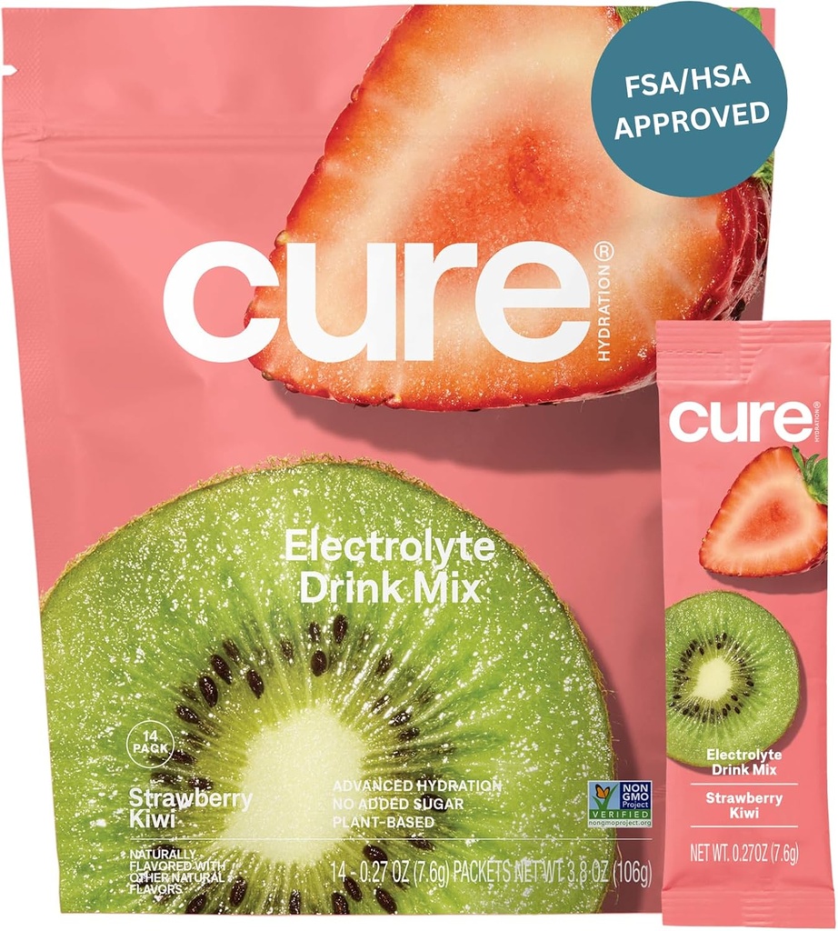 Cure Hydration | Bitki-based Electrolyte İçki Mix | No əlavə Sugar | FSA-HSA | Dehidratik su ilə Made with Coconut Water | Non-GMO | Vegan | 14 Packets - Strawberry Kiwi