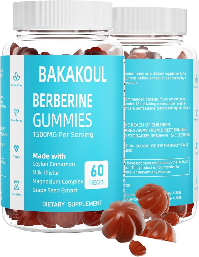Berberine with Ceylon Cinnamon Gummies, Sugar-Free Berberine 1500 mg and Ceylon Cinnamon 500 mg, High Potency Berberine Gummies with Magnesium Complex and Milk Thistle, 60 Gummies