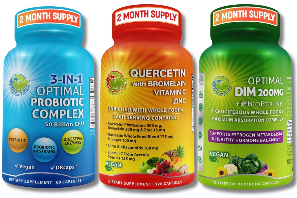 Vegan Hormonal, Immune & Gut Health Support Bundle – Quercetin 500mg with Bromelain, Zinc & Vitamin C + DIM 200mg with BioPerine® + 3-in-1 Probiotic 50 Billion CFU with Digestive Enzymes & Prebiotics