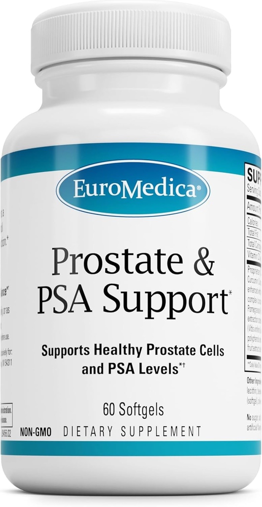 EuroMedica Prostate and PSA Support - Suplemento dietético para un estado saudable e soporte de equilibrio hormonal - Suplemento herbal con curcumina, aceite esencial e extracto de sementes de uva - 60 Softgels