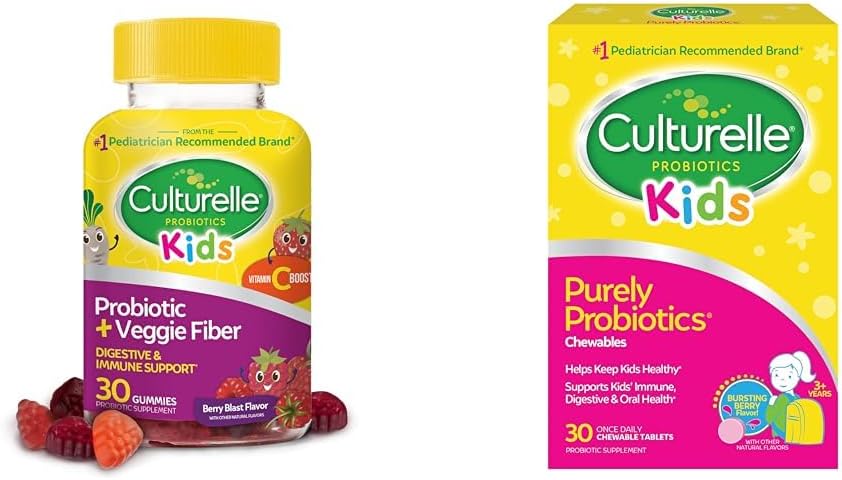 Culturelle Daily Probiotic for Kids + Veggie Fiber Gummies (Ages 3+) - 30 Count & Kids Chewable Daily Probiotic for Kids, Ages 3+, 30 Count, #1 Pediater-Recommend
