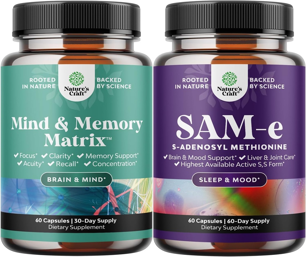 Bundle of Advanced Brain Supplement for Memory & Focus - Vitaminer för vuxna i alla åldrar och Sam-E 200mg Mood Support Supplement - S-Adenosyl Methionine för naturligt avkopplande humör Boost Brain Support