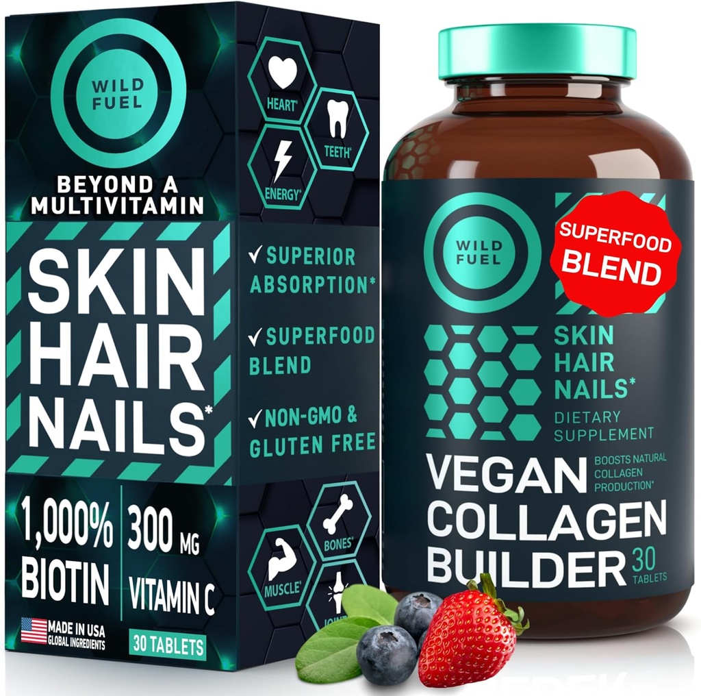 WILD FUEL Vegan Collagen Builder - Biotin, Superfood Organikoa, Amino Acids Glycine, Lysine, Proline Plant-Based Collagen Booster Supplements - 30 Organic Extract Tablets