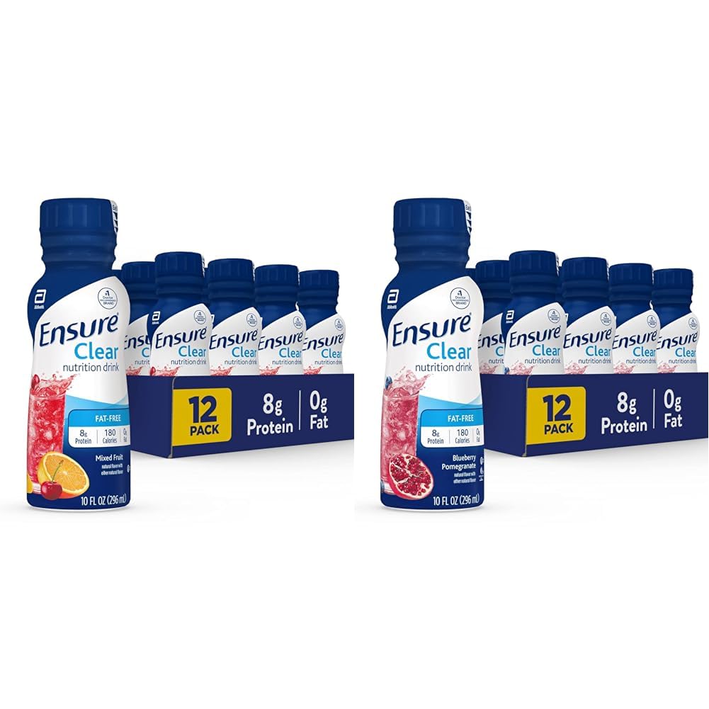 Ensure Clear Nutrition Drink, 0g Fat, 8g Protein, Mixed Fruit & Blueberry Pomegranate Flavors, 10 Fl Oz, Pack of 12