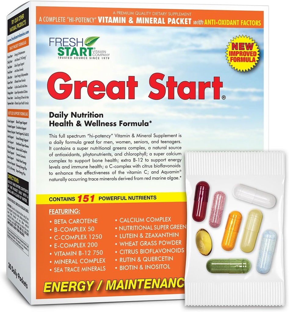 Great Start Complete Daily Vitamin Pack | Energy & Essentials | Vitamin A, B, C, D, E, B12, Biotin, Mineralstoffe, Calcium, Magnesium, Zink, Super Greens (30 Packungen)