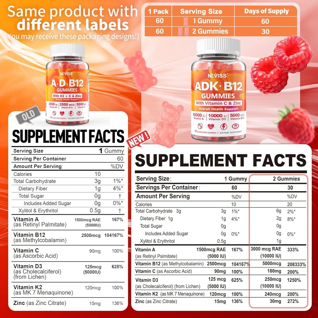 NEVISS 2Pack Vitamin ADK with B12 Gummies + 1Pack Glucosamine Filled Gummies