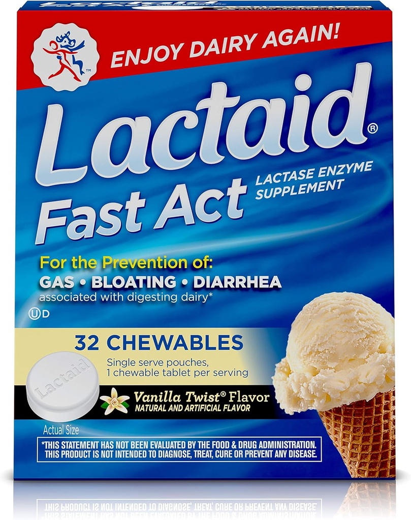 Lactaid Fast Act Lactose Intolerância Mastigables com Lactase Enzimas, Vanilla Twist, 32 Pks de 1-ct.