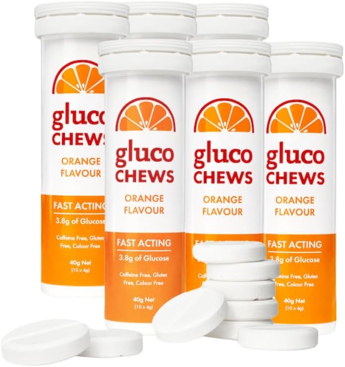 Glucochews Comprimidos de Glucose Laranja – 60 comprimidos (10 por tubo, 6 tubos de bolso) – 3.8g Glucose de Ação Rápida Cada – Aumenta a Energia e Sangue Açúcar – Sem Glúten, Livre de Gordura, Sem cafeína