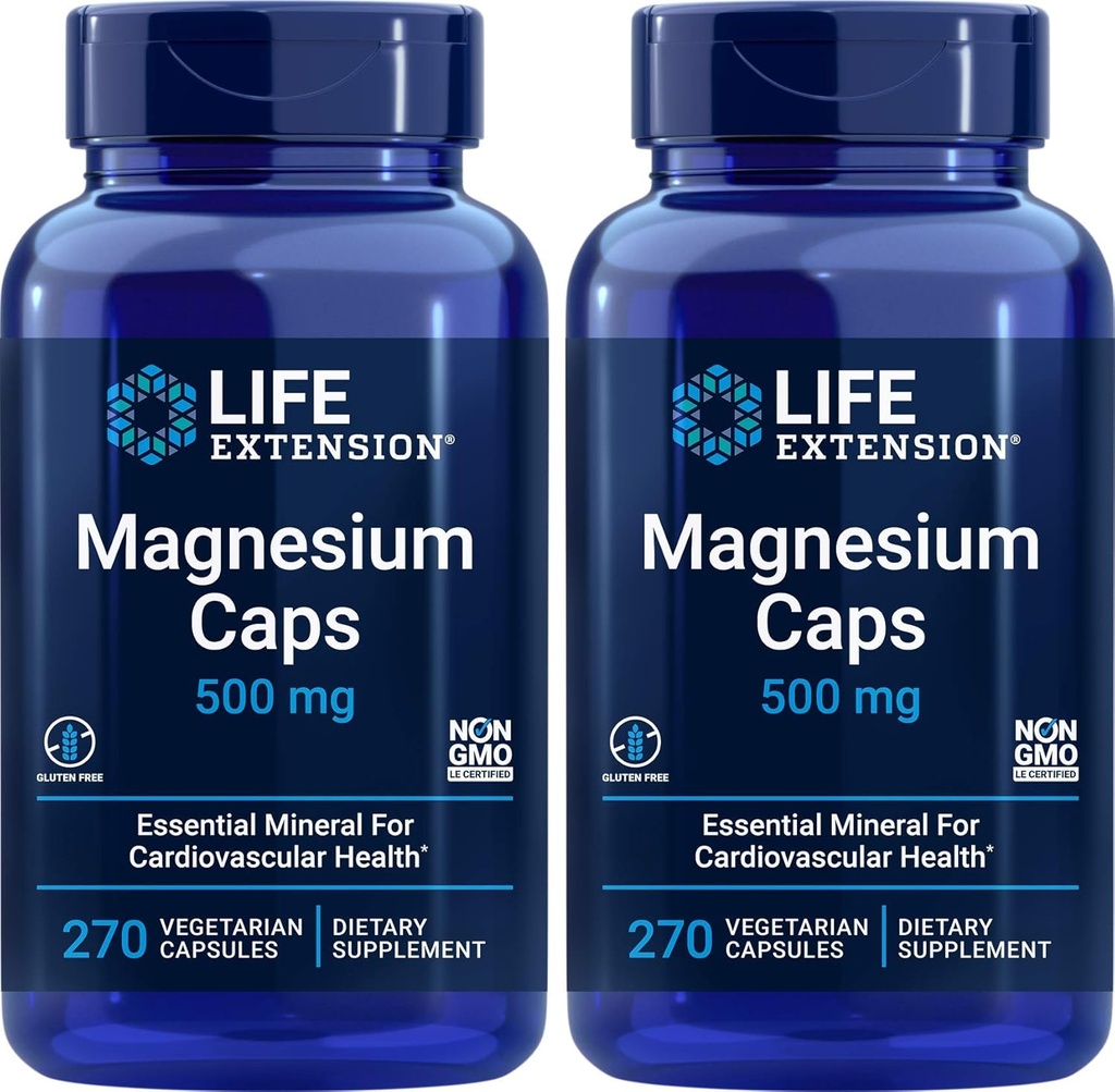 Life Extensie Caps Magneziu 500mg, 270 Capsule (Pachet de 2) - Vegan, Non-GMO, Mag Complex Supliment w/Oxide, Citrate, Succinat