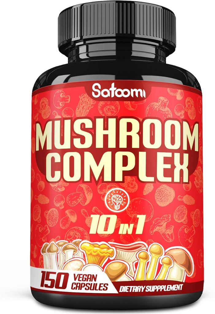 Satoomi 10in1 Mushroples suplementaris - 5 comissions de mes - S'ha barrejat amb Lions Mane, Coriceps, Reishi, Chaga, Maitake, Merda & Altres - Brain Implementació - 150 Capules