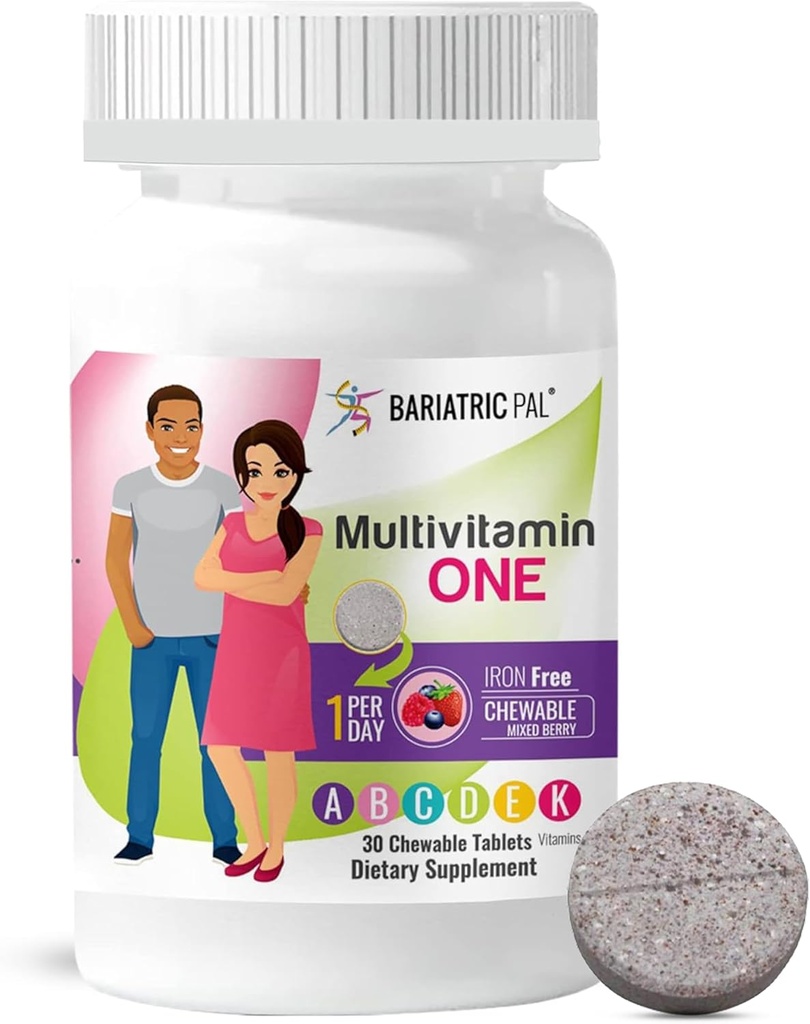 BariatricPal Multivitamin ONE 1 per day! Bariatric Multivitamin Chewable Iron Free | Berry nahastua | Bitamina kirurgia bariatrikoko pazienteentzat | 30 Count (1 hileko hornidura)