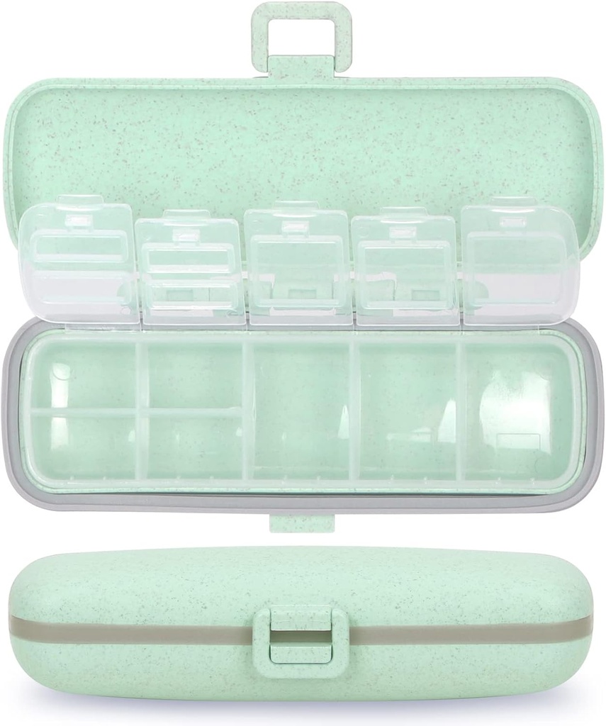 Naturetouch Pill Organizer, 7 Compartments Pill Box Portable Travel Medicine Organizer for Pocket 7 Dill Dispenser Storage Case with Lock for Vitamin Medication Fish Oil Additions Gree