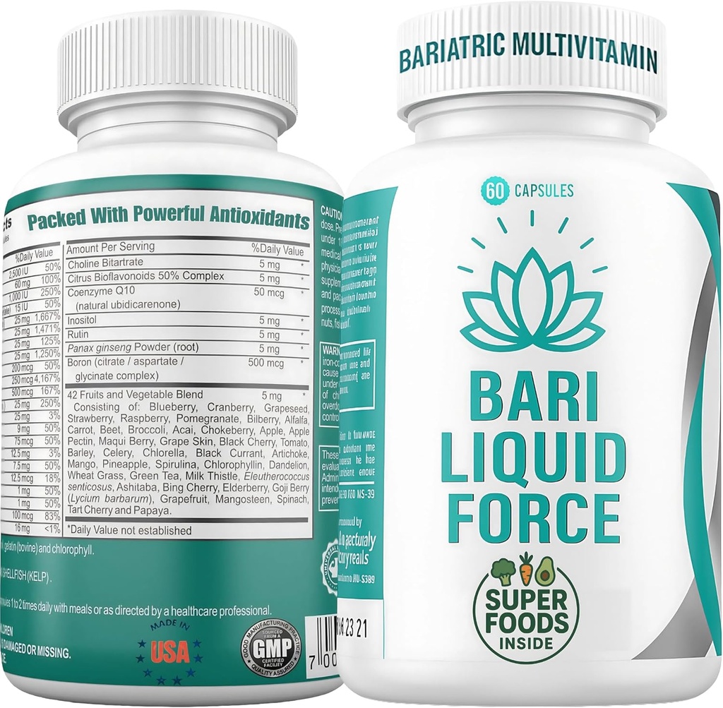 Bari Liquid Force Un por día multivitamínico bariátrico con capas de xel de absorción rápida para a escoura gástrica, Bypass, Duodenal Switch - Blend superfood - Bariatric debe ter para mulleres e homes