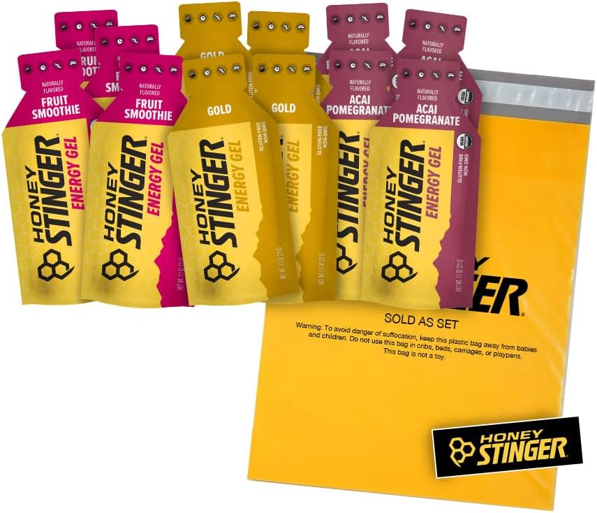 Honey Stinger Organic Energy Gels – Variety Pack con Pegatina – 12 Cuenta – 4 de cada sabor – Fuente de energía para cualquier actividad – Acai Pomegranate, Gold & Fruit Smoothie
