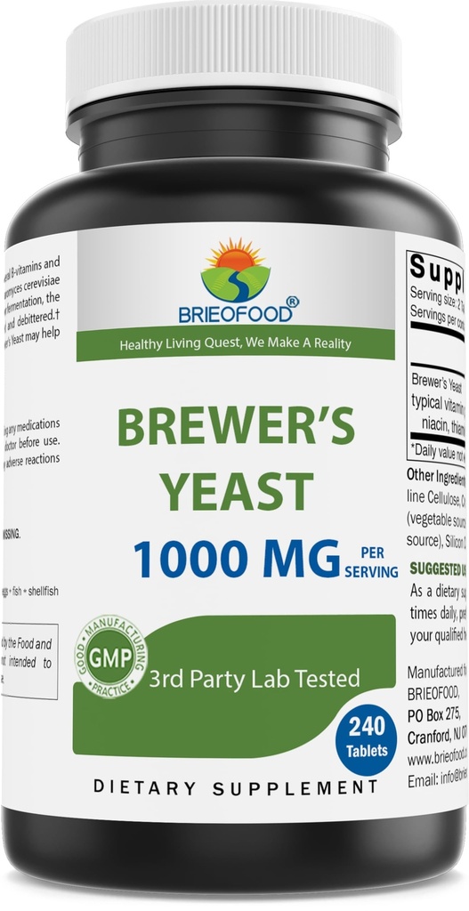 Brieofood Brewers Yeast 1000 mg per Serving - 240 Tablets - 3rd Party Labe Tested for Purity & Quality