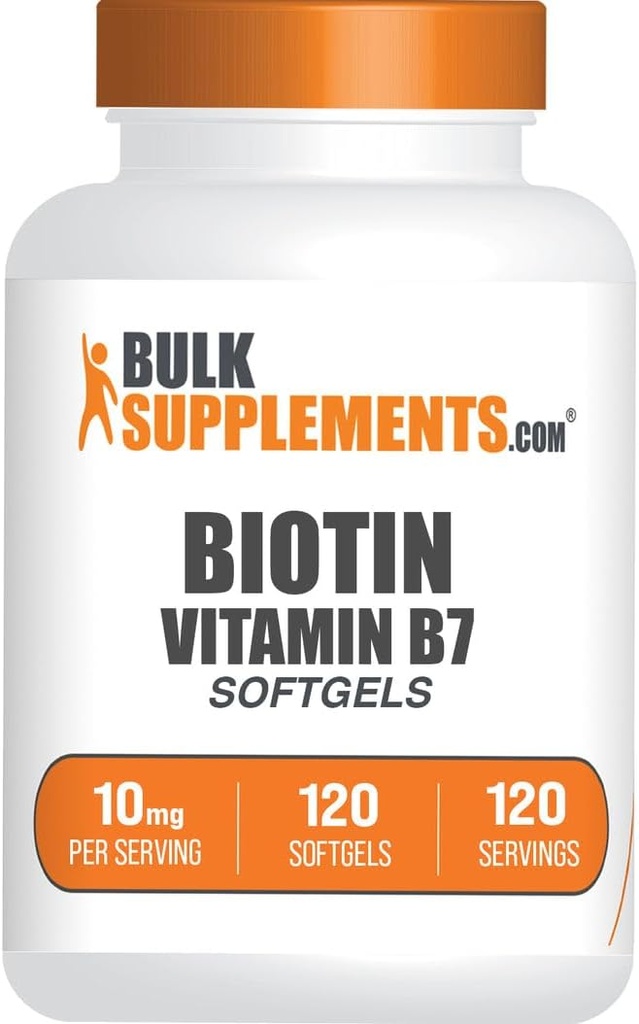 BulkSupplements.com Biotin 10000mcg Softgels - Vitamina B7, Vitamine Biotin pentru păr, piele și unghii, Supliment Biotin - Gluten gratuit, 1 Softgel per Serving, 120 Conte (Pachet de 1)