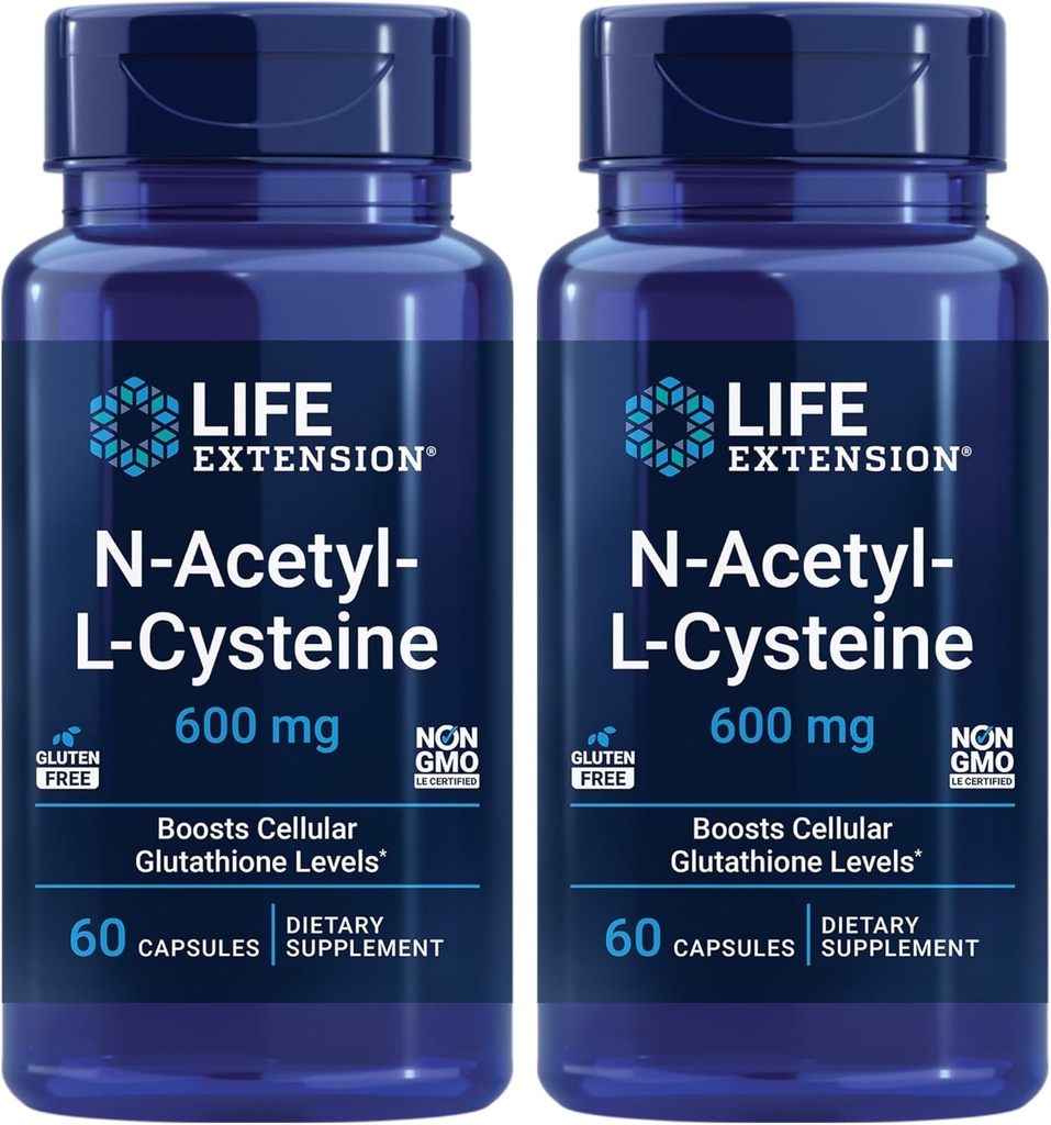 Life Extension N- Acetyl- L- cystein (NAC), Imunitní reakce, Respirační zdraví, Zdraví jater, NAC 600 mg, antioxidant Defense, Free radikály, Easy to Absorb - Two Pack x 60 Kapsle