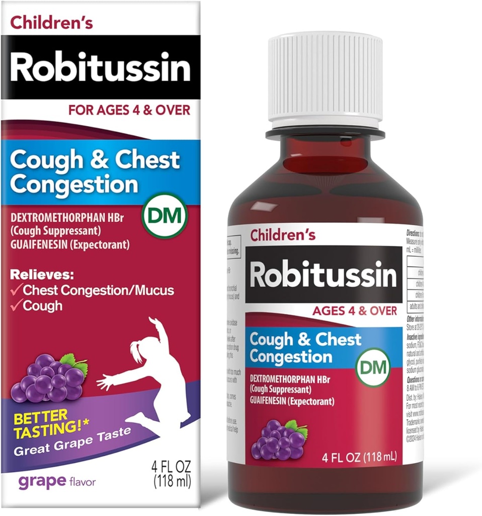 Robitussin Umeentzako Cough and Chest Congestion DM, Cough Medicine for Kids, Grape Flavor - 4 Fl Oz botila, 300318715130