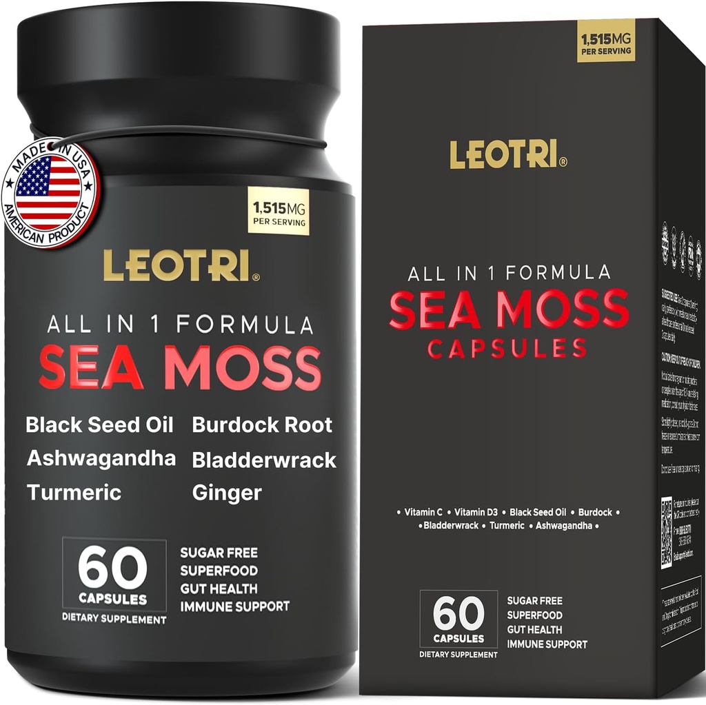 Organic Irish Sea Moss Capsules: Sea Moss 10500mg Black Seed Oil 6000mg Turmeric 3000mg Ashwagandha 3000mg Bladderwrack 3000mg Burdock Root 3000mg Ginger ādas Gut Veselības Superfood 60 Kapsulas