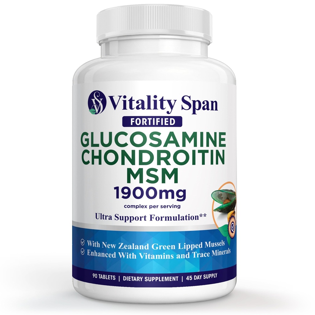 Glucosamine Chondroitin MSM Supplement 1900mg – Glucosamine Sulfate, MSM Supplement & Chondroitin Sulfate – High Potency Complex with Green Lipped Mussel – 90 Tablets