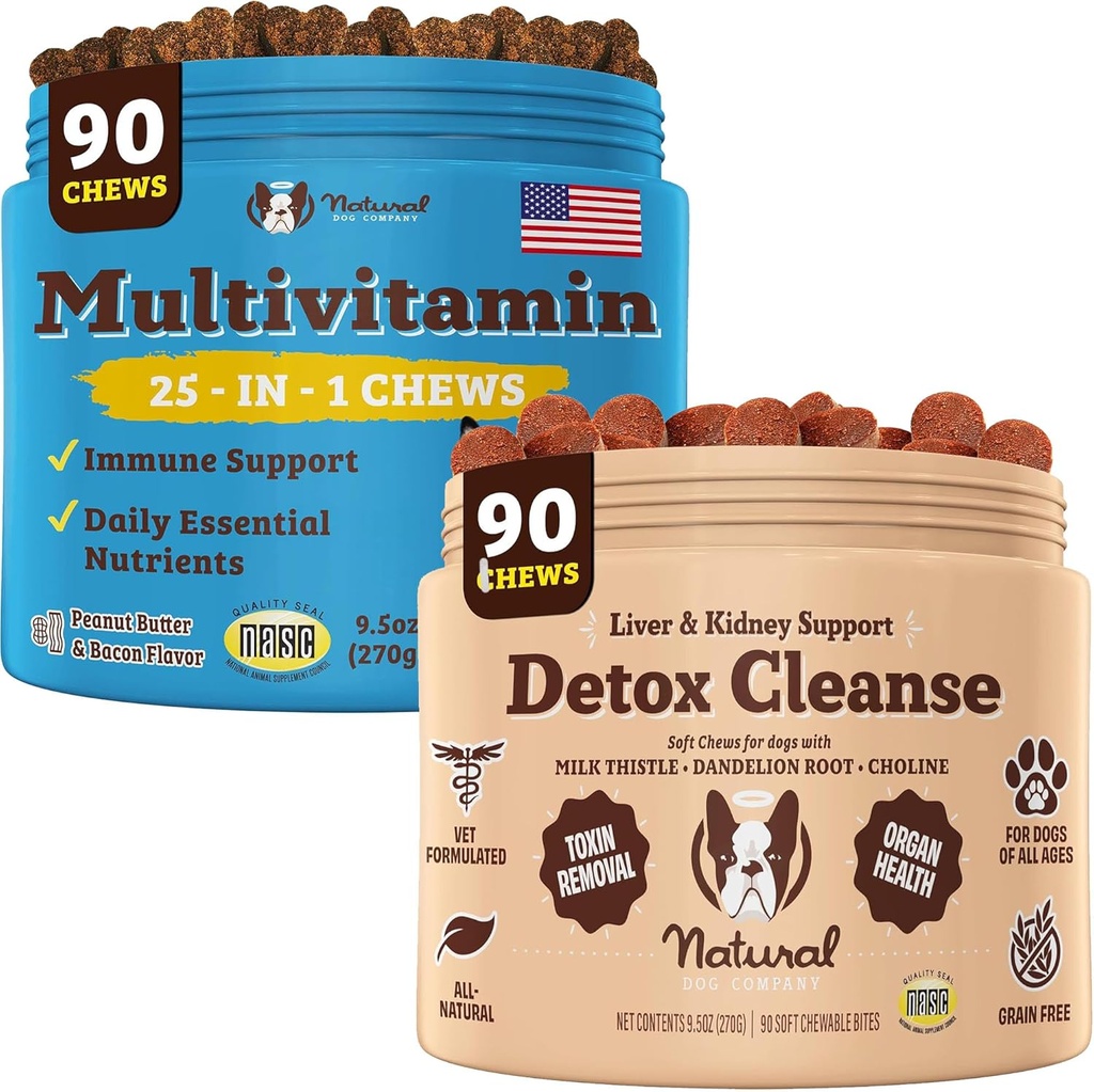 Natural Dog Company Multivitamin & Liver & Kidney Chews Bundle - Omfattande hälsostöd för äldre hundar, främjar avgiftning, förbättrad matsmältning, Radiant Skin & Coat, lätt att administrera