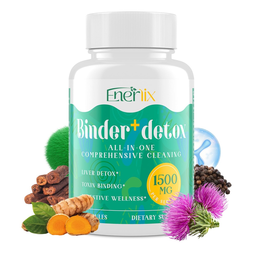 Enerlix 15-in-1 Detox Binder, Activated Charcoal, Zeolite & Bentonite Clay, Chlorella, 1500 MG Detox Supplement Maximum Absorbent, Liver Gut Digestive Detox Cleanse, 90 Vegan Capsules