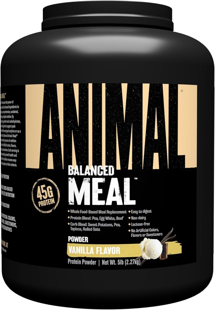 Animal Meal - Protein Tüm Gıda Malzemeleri ile Shake, Egg White, Beef & Pea proteini, Vanilla Flavor, 5 lbs