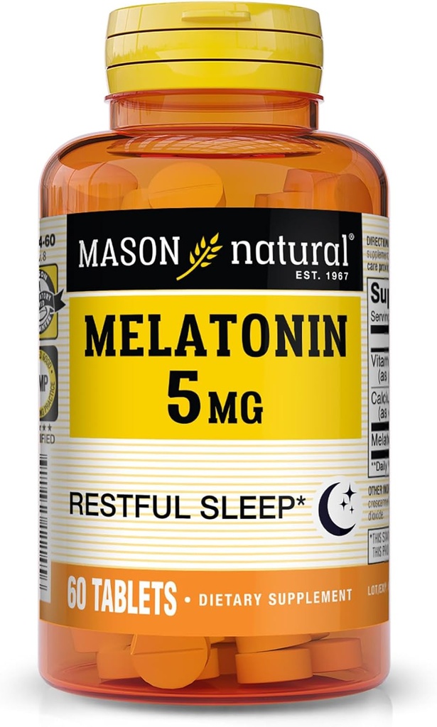 Mason Natural Melatonin 5 mg s B6 & vápník, přírodní spánková pomoc, podporuje klidný spánek, 60 tablet