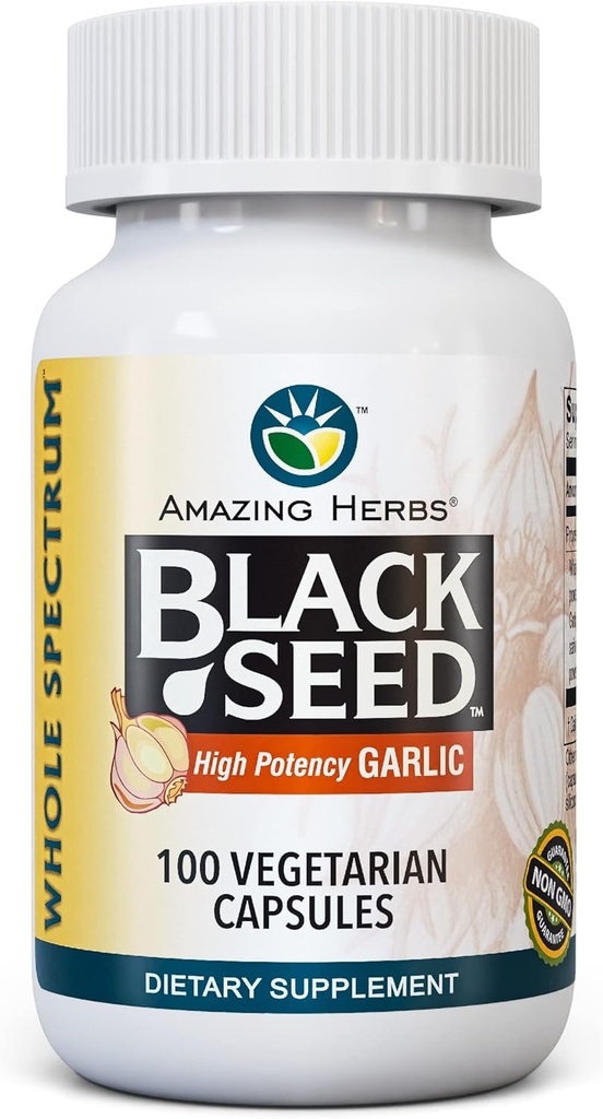 Amazing Herbs Whole Spectrum Black Seed & High Potency Garlic, Vegetarian Capsules - Gluten-Free, Non-GMO, Vegan, Supports Immune System, Lung Function, & Cardiovascular Health - 100 Count