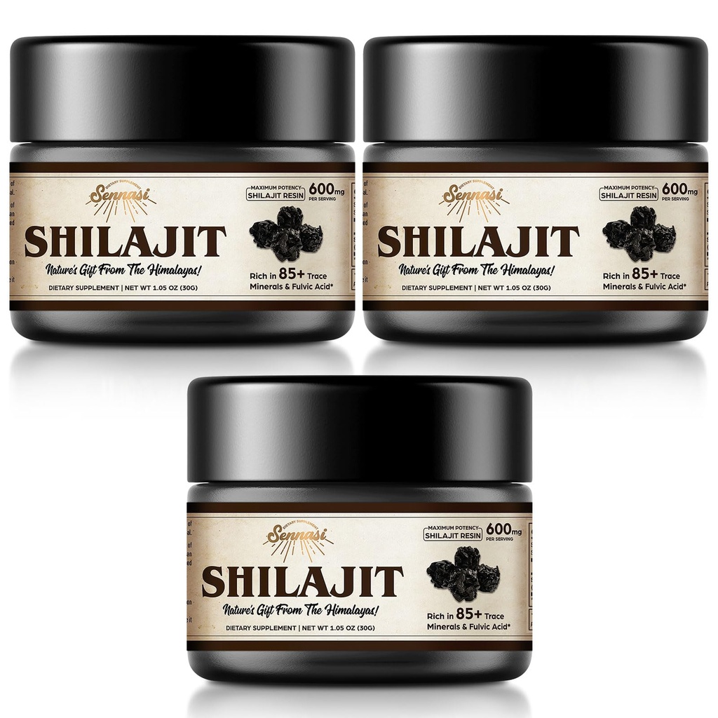 Sennasi Shilajit Pure Himalayan Organic Shilajit Resin - 600mg Maximum Potency Natural Organic Shilajit Resin with 85+ Trace Minerals & Fulvic Acid for Energy,Immune Support,30 Grams (3 Pack)