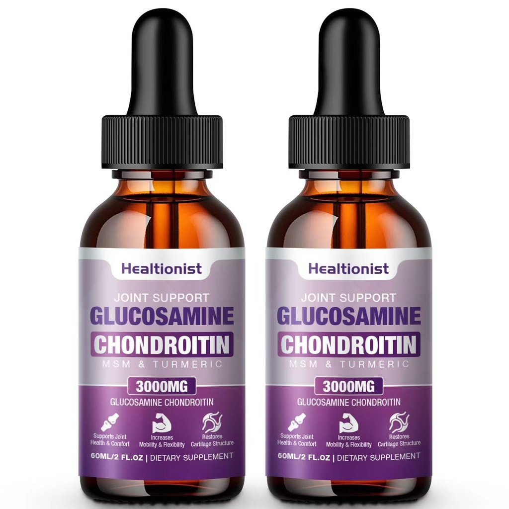 2 Pack Glucosamine Chondroitin MSM Liquid Drops, Extra Strength Joint Support Supplement for Adults Men & Women, Quercetin Boswelia, Bromelain, Antioxidant Immune Support (4 Fl oz)