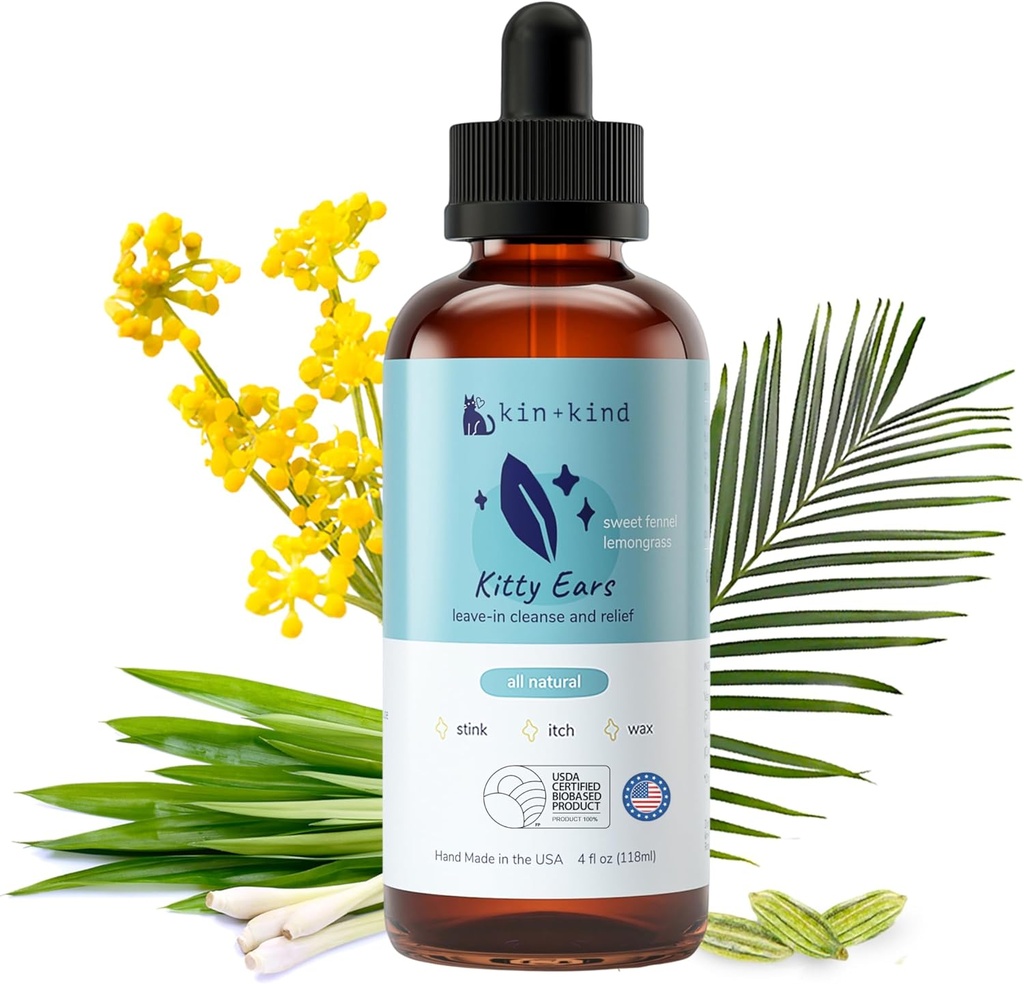 kin+kind Cat Ear Cleaner - Cat Ear Drops, Vet Ear Solution, Eliminiert Wachs, Odor und Itchy Irritation, Cat Ear Cleaner Solution, Natural in-Home Pet Grooming - Made in USA