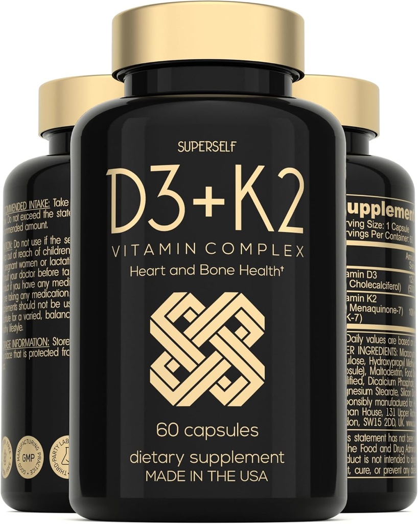 Vitamin D3 K2 Capsules - Vitamin D3 5000 IU və Vitamin K MK7 100mcg - 60 Kapsül - ABŞ Made Vegetarian Ekstr D - Bones üçün High Strength VIT D, Kas, Diş, Immune Sistemi