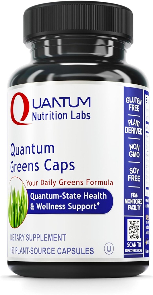 Quantum Nutrition Labs Greens Kapselit - Super Greens Kapselit, Vihreät Lisäravinteet, Superfood Blend for Wellness, Luomu Kasvispillerit Kale, Leafy Greens, Alfalfa - 150 Kasvissyöjän kapselit