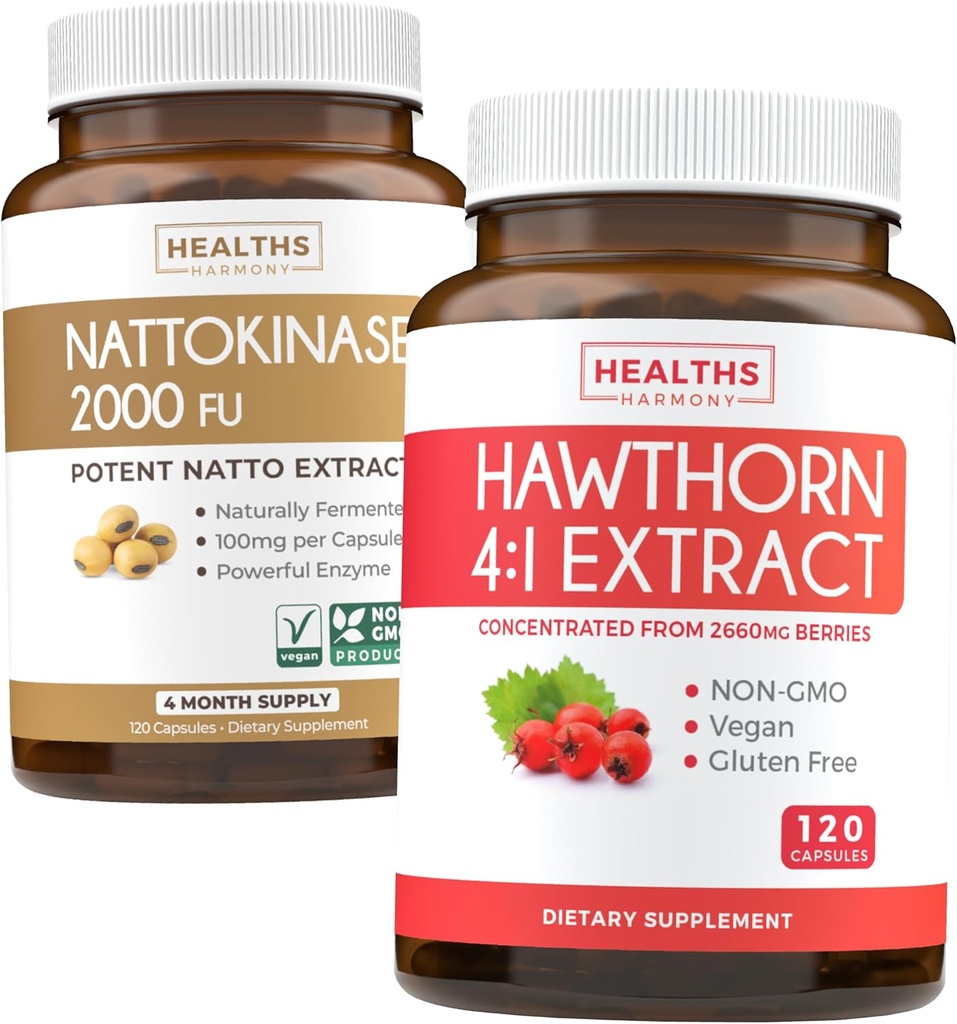 Nattokinase & Hawthorn (4-Month Supply) Nattokinase Berry Harmony - Nattokinase 2000 Повний натуральний ферментований Soybeans (4-Month постачання) & Hawthorn Berry 4:1 екстракт - Vegan і Non-GMO