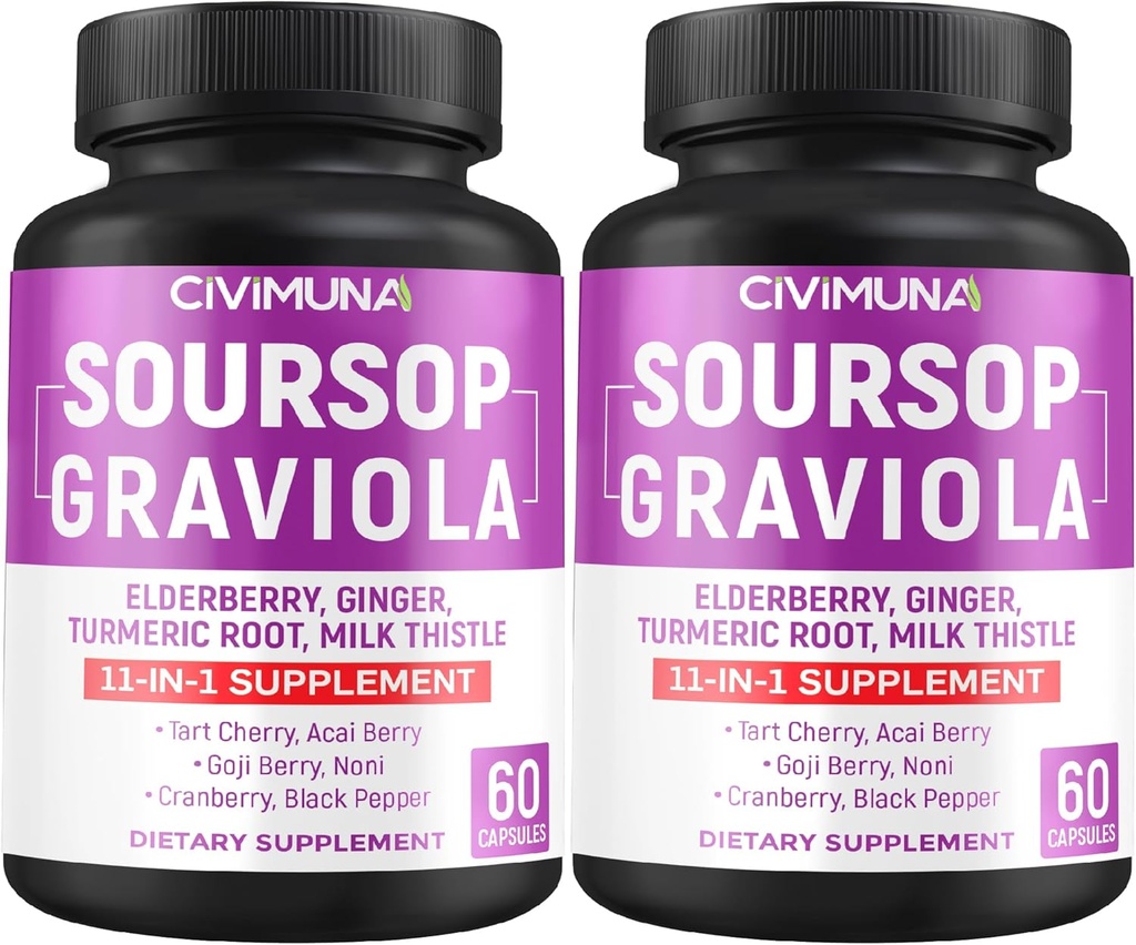 Soursop Graviola Capsules dengan Elderberry, Turmeric Curcumin dan More - 120 Capsules untuk 4 Bulan Supply (Paket 2)