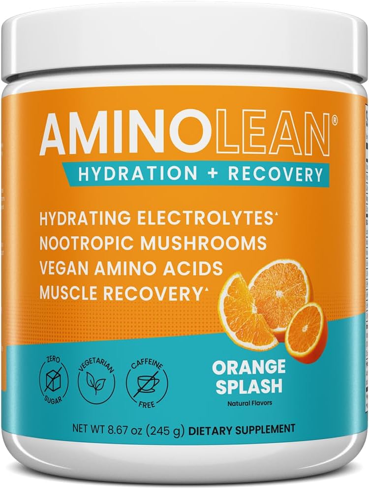 AminoLean hydrating Electrolyte Powder and Recovery Drink with Sea Minerals, Nootropic Gums, and Vegan Amino Acids, BCAA + EAA for Post Workout Muscle Building, Orange Splash