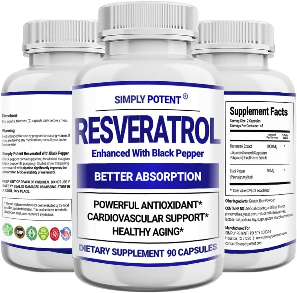 Resveratrol 1000mg Suplemen, Trans Resveratrol 500mg, Resveratrol Enhanced with Black Pepper for Max Absorpsi, Powerful Antioksidant & Anti- Aging Pil untuk Heart, Immune & Skin Health, 90 Kapsul