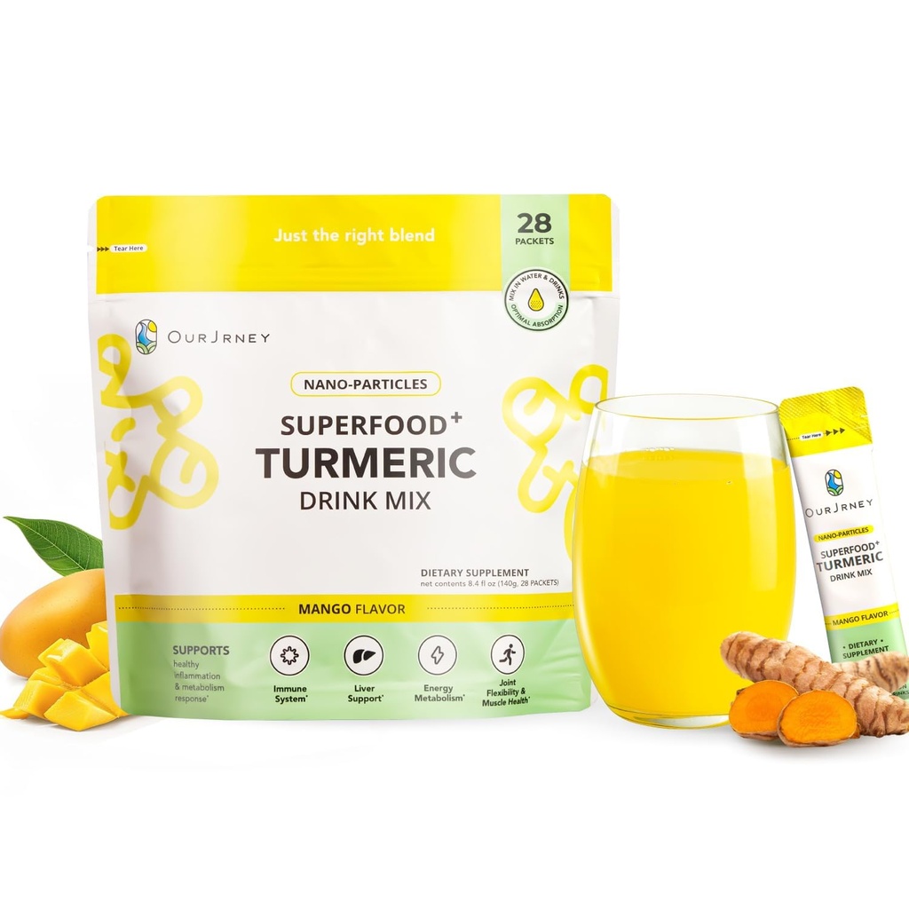 Nano Turmeric Curcumin Drink Powder Supplements–Mango Flavor Daily Morning Routine Immunity Wellness Shot, Gut Health & Joint Support - No Added Sugar, Vegan, Gluten-Free, Non-GMO (28-Pack)