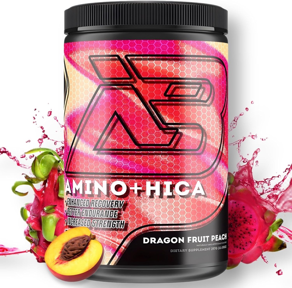 Amino + HICA EAA Supplement Розширений Відновлення, Кращий витривалість, Підвищена міцність, Енергетика, Hydration Bcaa, Electrolytes, Leucine, Порошок, 30 Сервінги (Dragon Fruit Peach)