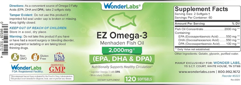 EZ Omega-3 Atlantic Menhaden Fish Oil Suplemento 2000 mg, Burpless, Made in The USA, Perfect Balance of EPA+ DHA + DPA 120 Softgels