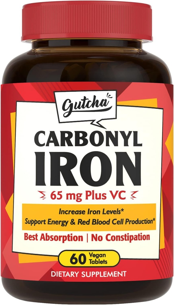 Suplemento de ferro 65 mg Carbonyl Iron Plus Vitamina C, soporte de enerxía e sangue para mulleres e homes, mellor absorción, Gentle no estómago, No Nausea, Sen estrinximento, Vegan, Non-GMO, 60 Ct