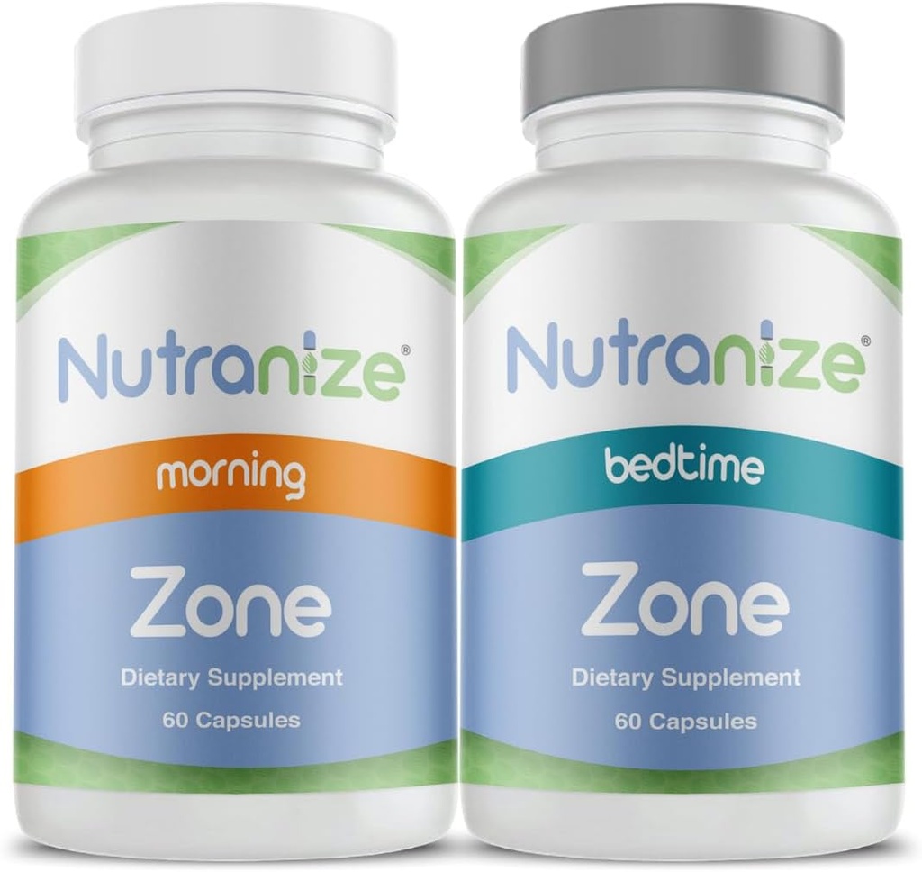 Nutranize Zone Twin-Pack Supplement System - Pharmacist-Design Morgen & Bedtime Kapsler med Magnesium Glycinat, vitamin D3, K2 MK7, Metylfolat, Chromium, Melatonin - 30 dagers Supply (120 Count)