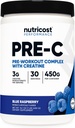Nutricost Pré-C Pré-treinamento Complexo com Creatina (Azul Rasberry 30 Servings) Pó - Boost Fintess Rotines, 450g