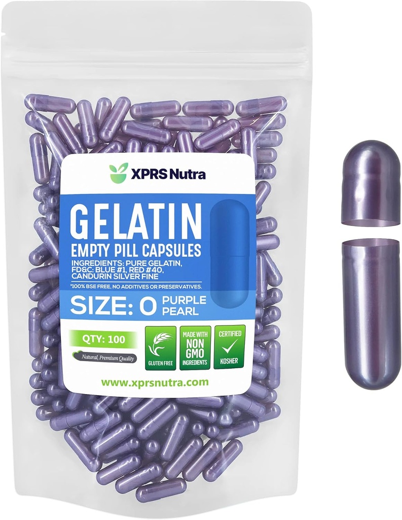 XPRS Nutra størrelse 0 tomme kapsler - 100 telle tomme gelatinkapsler - piller for DIY Capsule Fylling - ren Bovine Pill Gel Caps for Do-It-Selv Supplements (Pearl Purple)