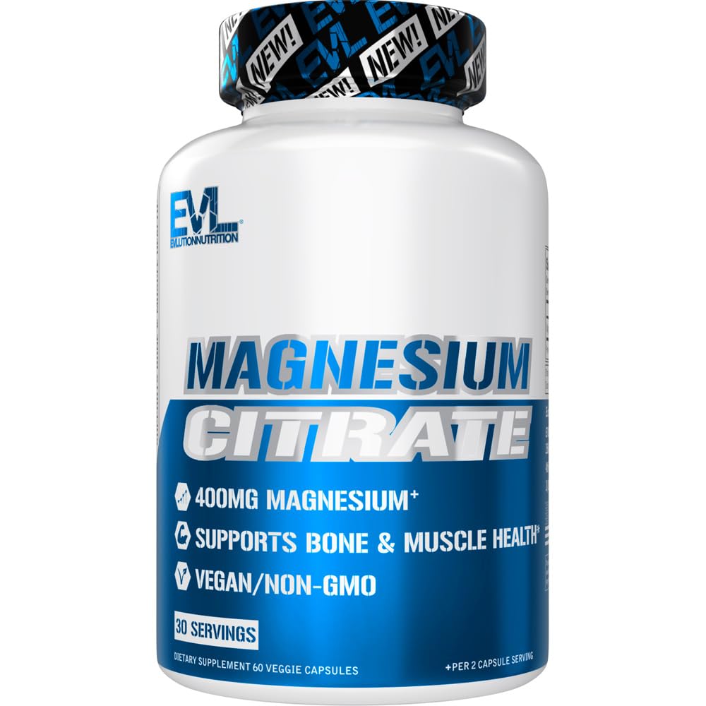 EVL Magnesium Citrate Capsules 400mg - Muscle and Bone Health Supplement with Pure Magnesium Citrate for Muscle Relaxation and Bone Strength - 60 Veggie Capsules for Health
