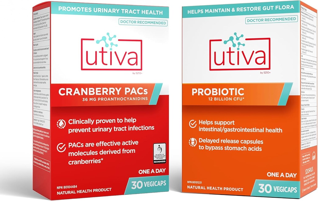 10% Bundle Utiva 36PAC Power Bundle | 30 Days | Bundle with 36mg Soluble Cranberry PACs (DMAC/A2) and 30B CFU Probiotic Power (Lactobacillus and Bifidobacterium Strains) | Locally Made.