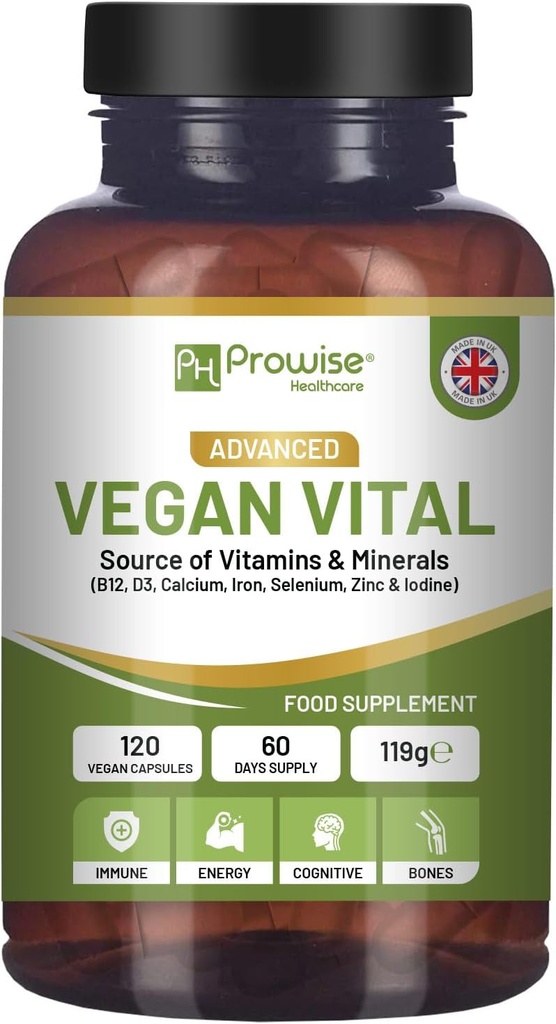Multivitamines et minéraux véganes Vital $ 120 Vegan Multivitamine Capsule de Calcium, Vitamine B12, Vitamine B2, Vitamine D3, Sélénium, Iodine, Zinc et Iron $ par Prowise Healthcare