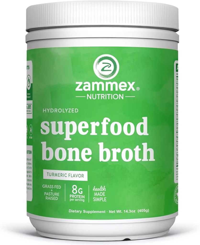 Zammex Bone Broth Plus Superfood Protein Powder (Turmeric Flavor), 8g Hydrolyzed Protein with Vitamin D, for Healthy Skin, Nails, Hair, Joints & Digestion,Non-GMO (30 Servings)
